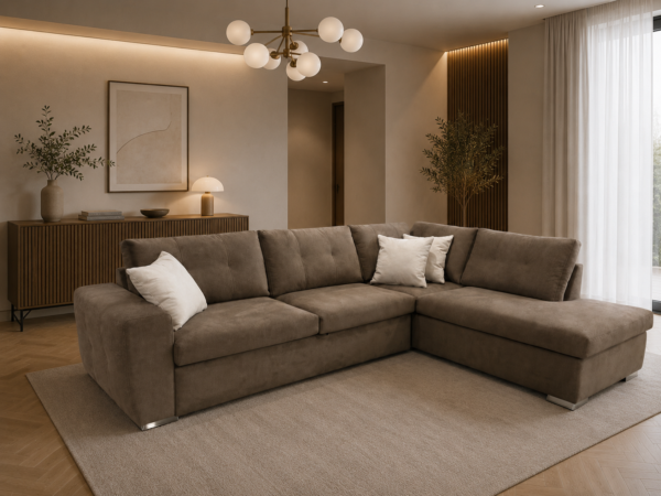 Γωνιακός καναπές κρεβάτι μοντέρνος Cozy σε καφέ ύφασμα σε μοντέρνο σαλόνι