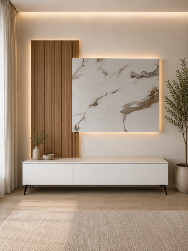 Σύνθεση Σαλονιού Karma 220 εκ. με MDF δρυς rustic, γυαλιστερή λάκα και επιφάνεια απομίμησης κεραμικού.